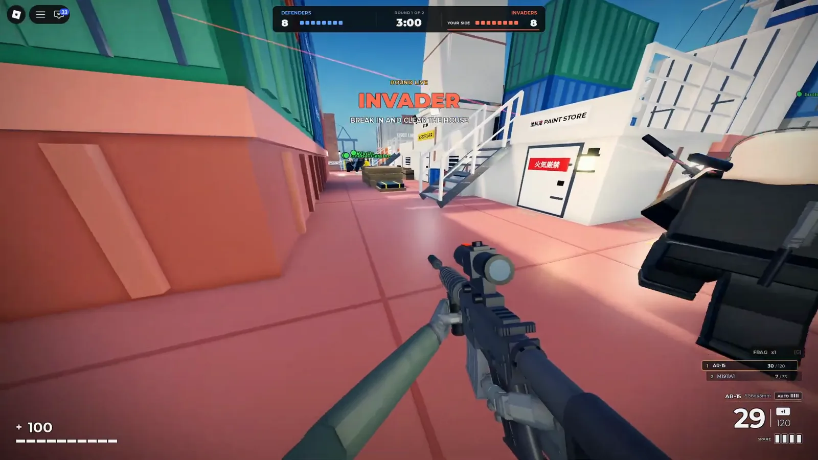 Realistic Home Defense harbor container lane in daylight as an invader, with PAINT STORE signage, round live HUD, and an AR-15 loadout.