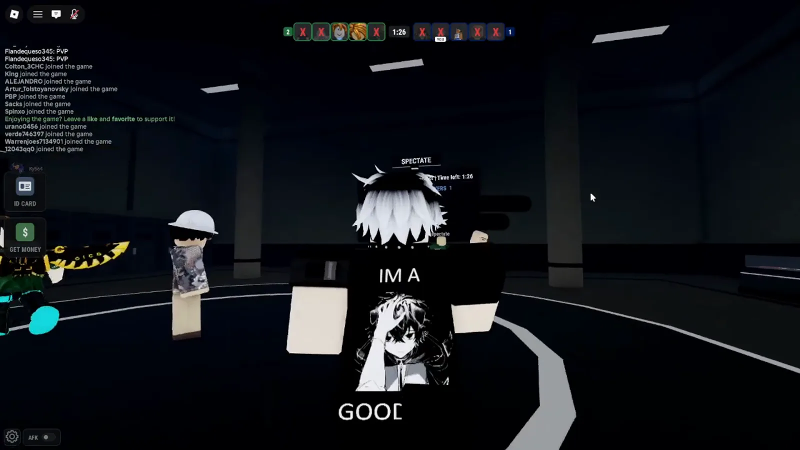 Realistic Home Defense pre-match lobby with SPECTATE HUD, 1:26 time left, team icons showing YOU eliminated, and ID CARD prompts.