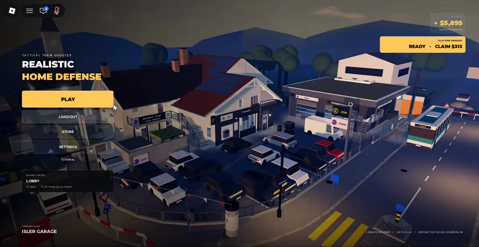 Realistic Home Defense main menu with PLAY highlighted, CURRENT MAP ISLER GARAGE, balance $5,895, and an aerial dusk view of the garage lot.