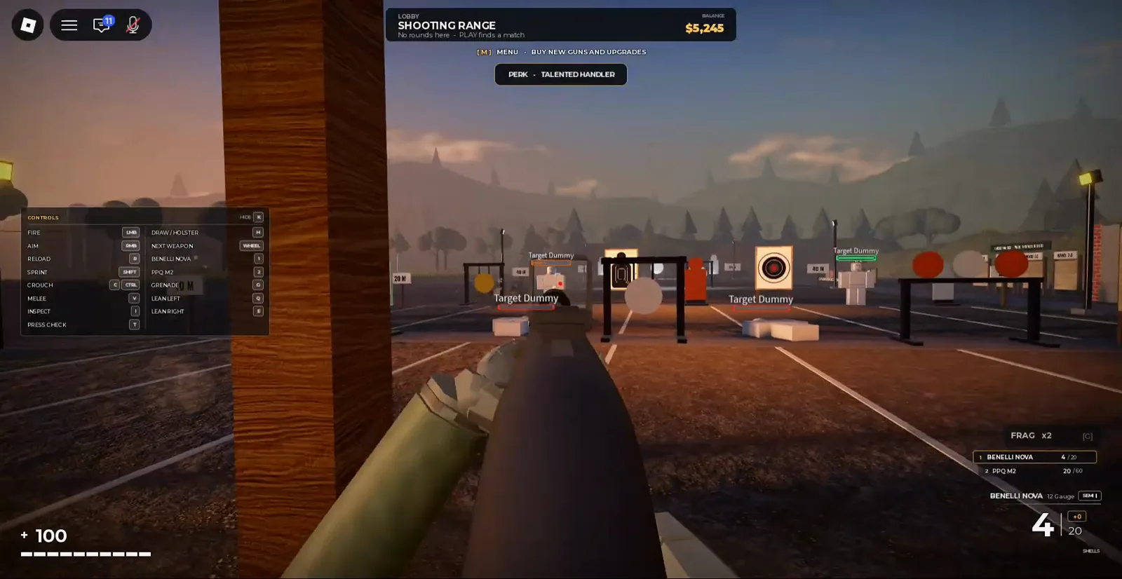 Realistic Home Defense lobby shooting range at dusk with SHOOTING RANGE header, Target Dummy markers at 20M and 40M, and controls overlay.