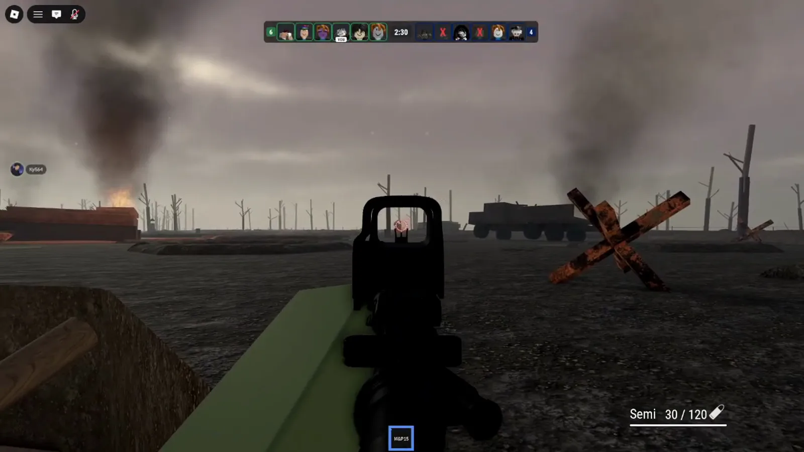 Realistic Home Defense trench map no-man’s-land through a holographic sight, Czech hedgehog obstacles, smoke plumes, and M&P15 HUD.