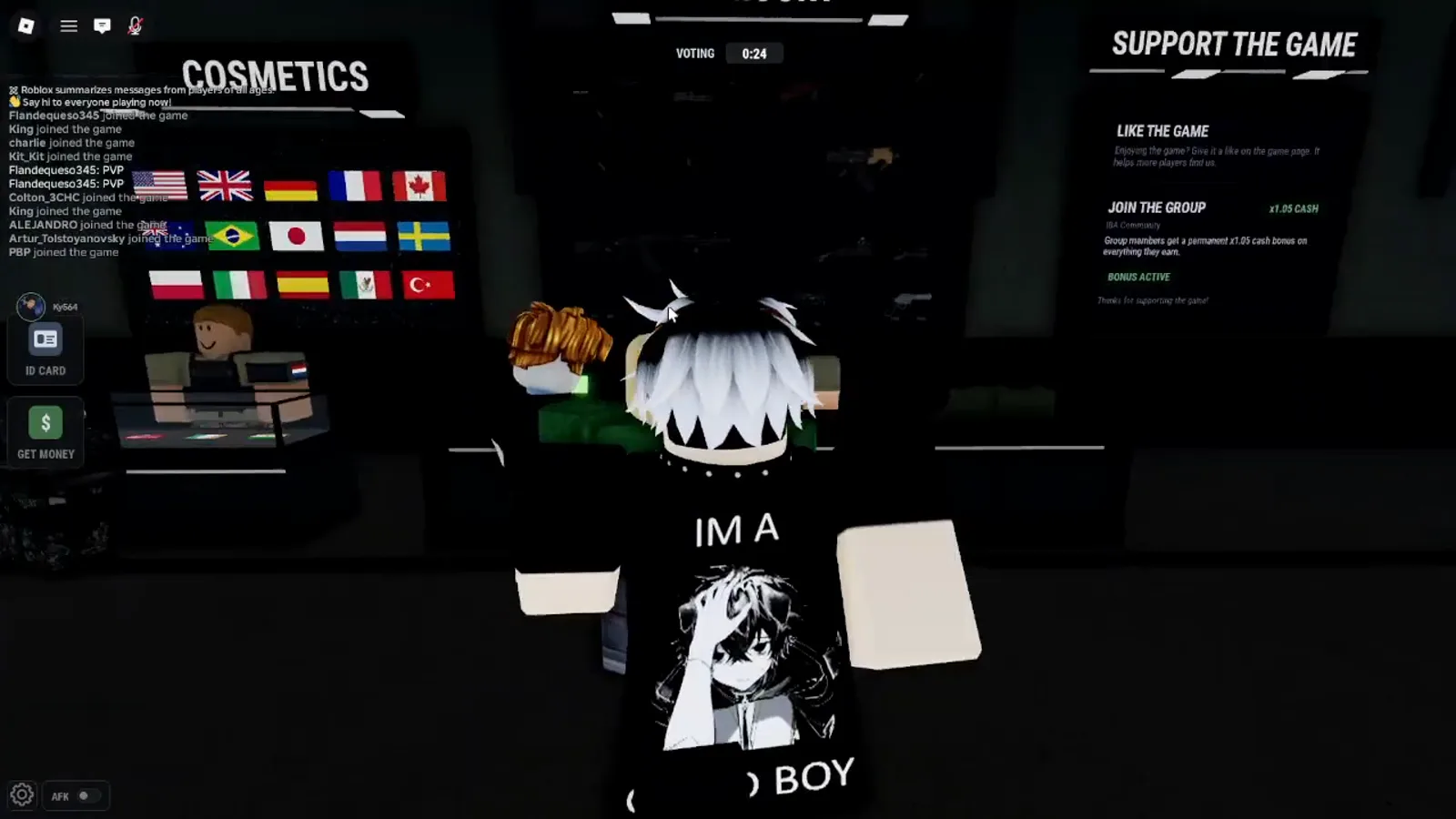 Realistic Home Defense lobby SUPPORT THE GAME board showing JOIN THE GROUP x1.05 CASH for RHD Community with green BONUS ACTIVE under voting timer.