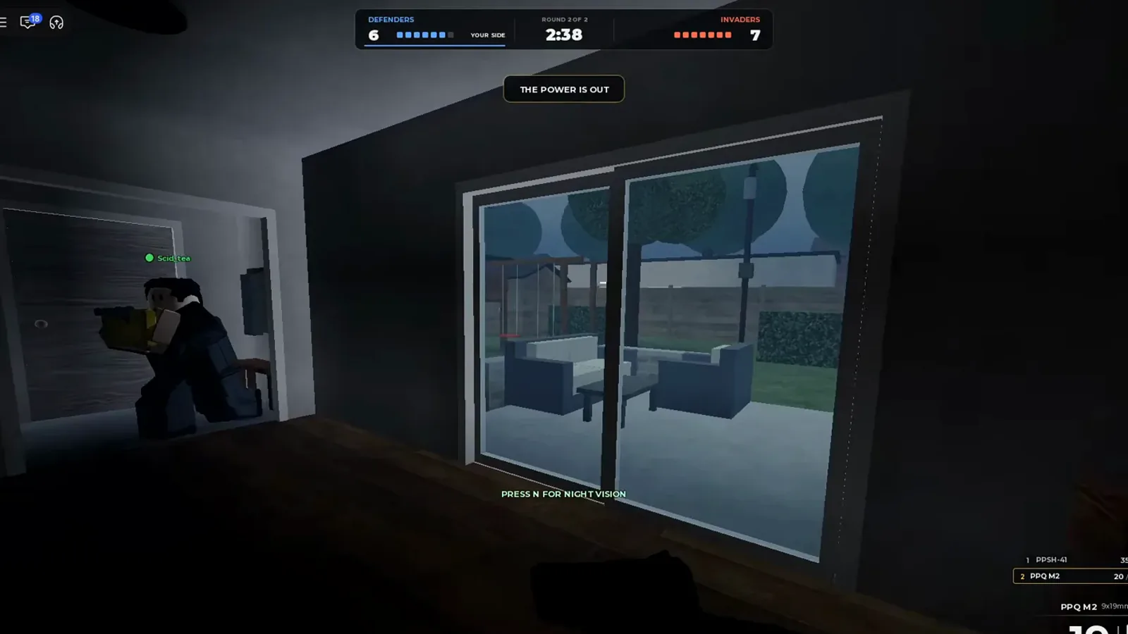 Realistic Home Defense dark defender interior after THE POWER IS OUT with PRESS N FOR NIGHT VISION centered on the sliding door view.