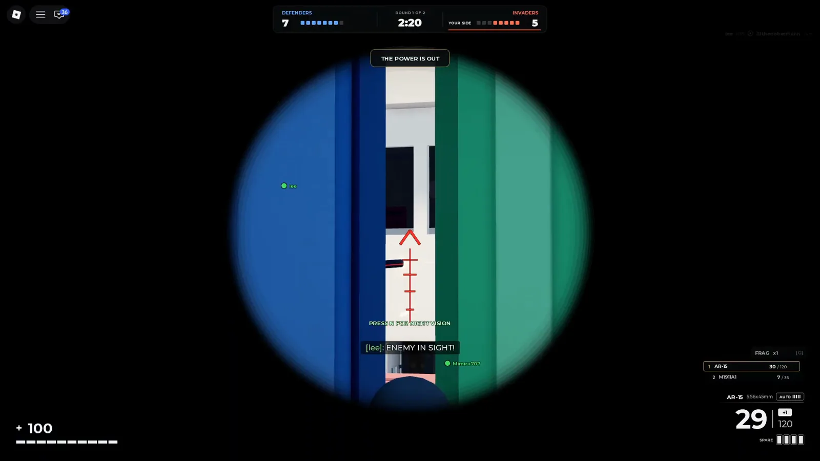 Realistic Home Defense scoped ADS in blackout showing [lee] ENEMY IN SIGHT, night vision N prompt, AR-15 AUTO ammo, and FRAG x1 bound to G.