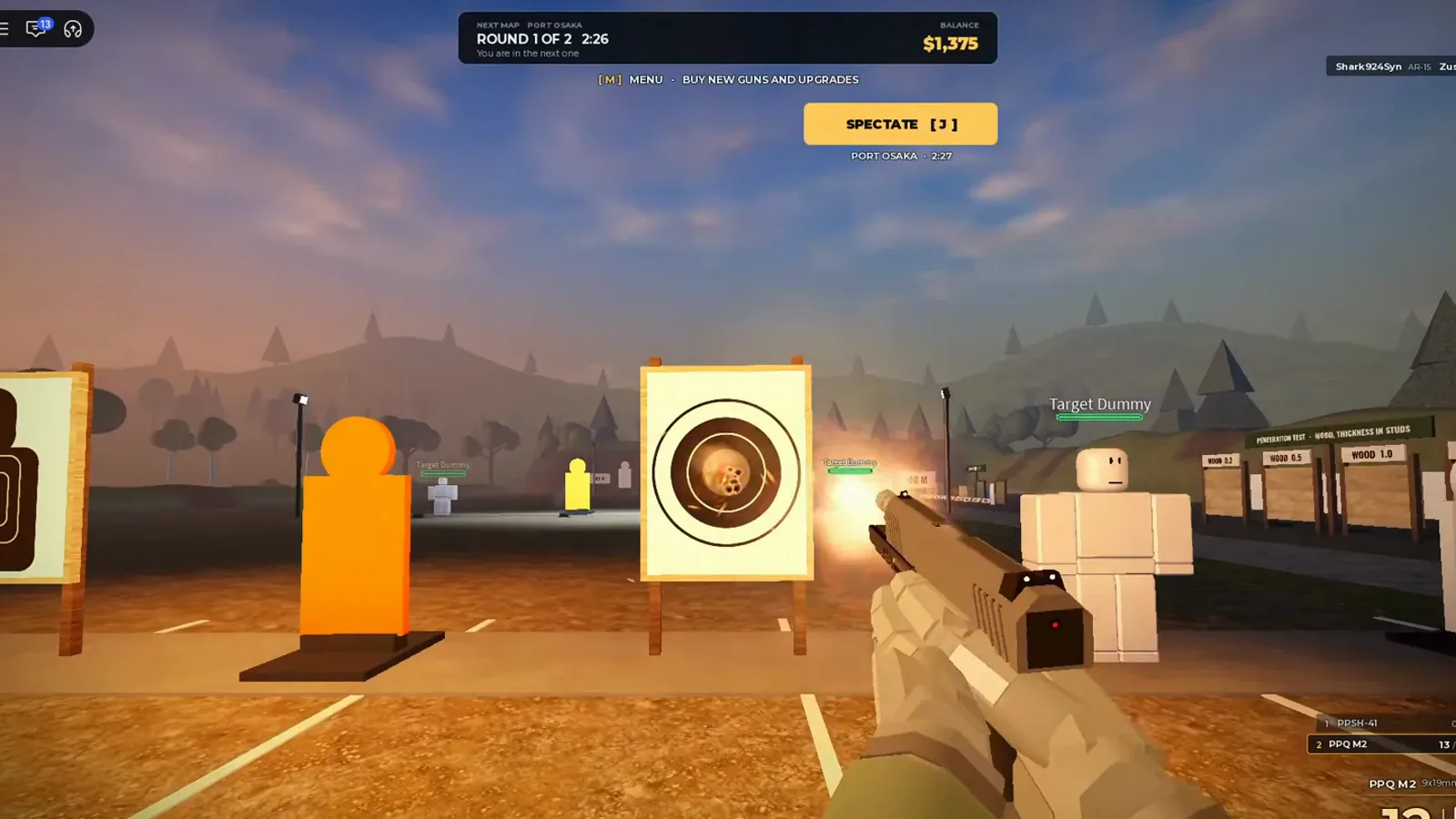 Realistic Home Defense shooting range intermission firing a PPQ M2 at paper targets with Spectate J, Port Osaka next map, and penetration test boards.
