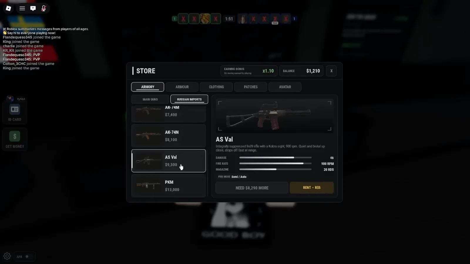 Realistic Home Defense Store Russian Imports tab listing AK-74M, AS Val at $9500, and PKM, with AS Val stats 900 RPM and Rent R$5 shown.
