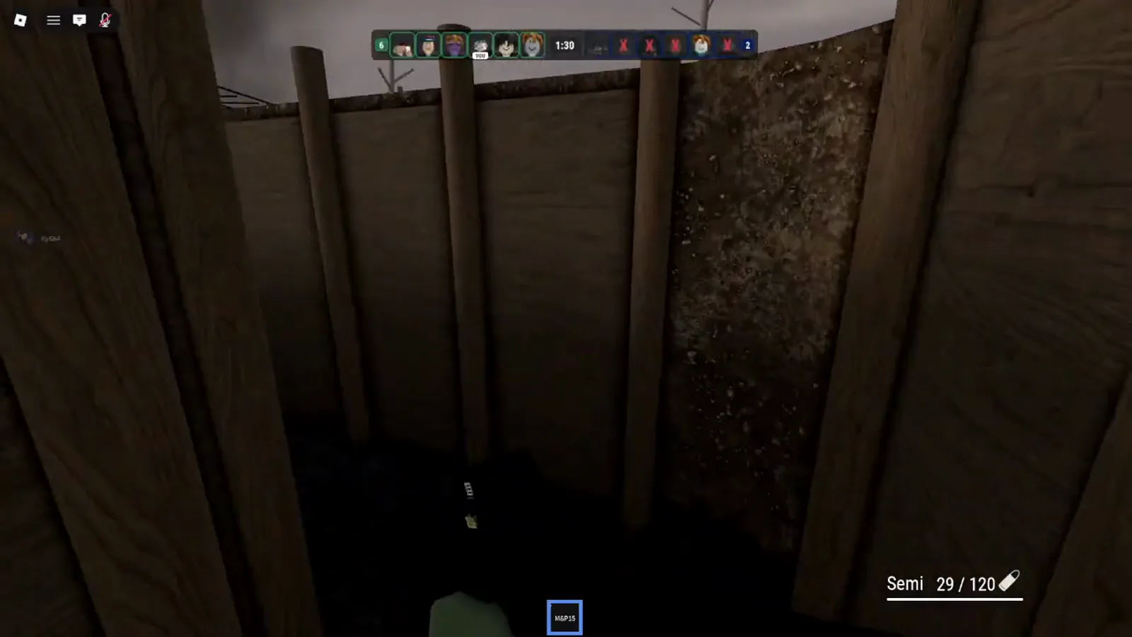 Realistic Home Defense wooden plank trench corridor turn under overcast sky, first-person with M&P15 and Semi 29 of 120 ammo HUD.