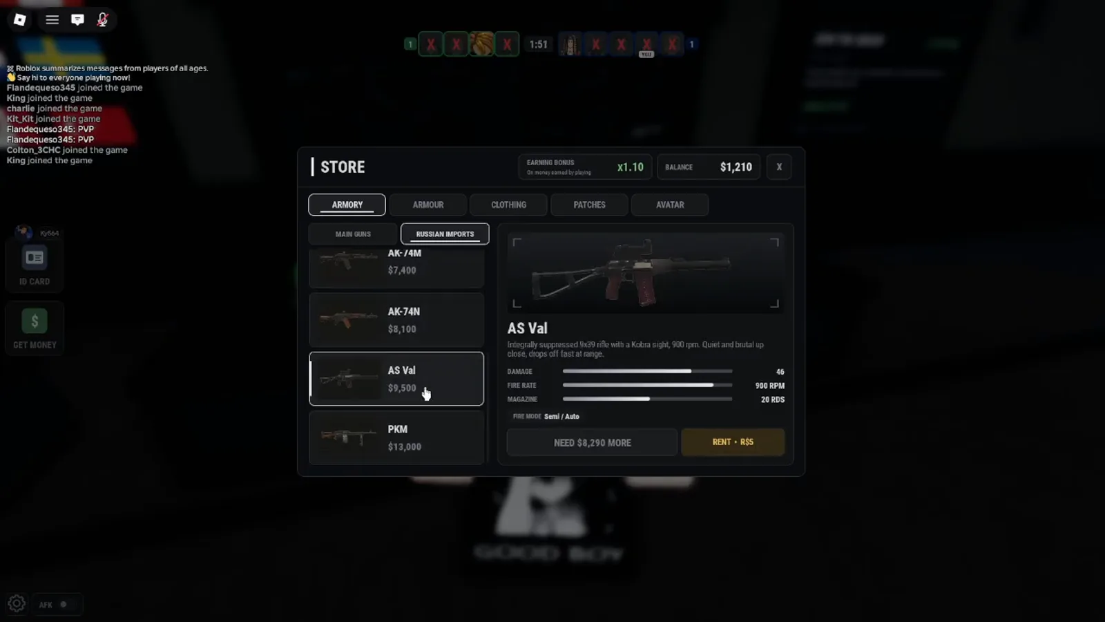 Realistic Home Defense STORE Russian Imports tab lists AS Val at $9,500 with 900 RPM, 20-round mag, and AK-74M at $7,400.